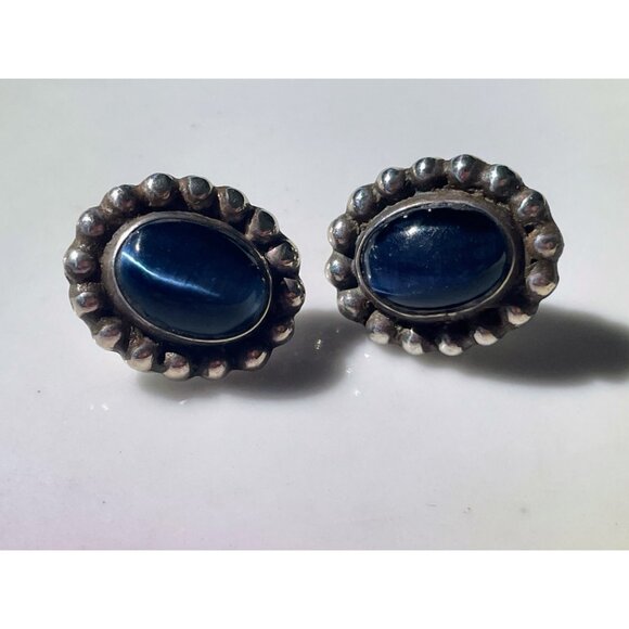 Vintage Mexican Sterling Silver Blue Cat Eye Earrings - Picture 5 of 10